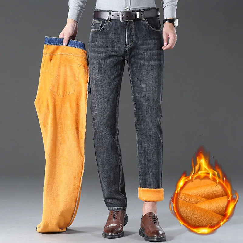 2024 Mens Winter Classic Business Quality Famous Brand Fleece Pants Straight Trousers Winter Thermal Warm Plush Stretch Jeans