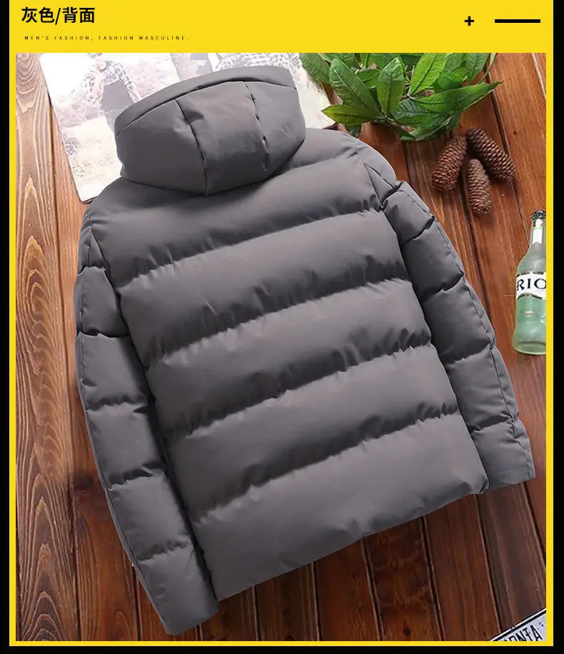 Men’s cotton puffer jacket with hood, loose fit, cropped design — perfect for casual and outdoor wear.
