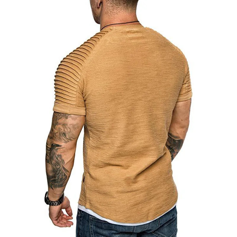 New summer crew-neck slim-fit pleated casual short-sleeved youth fashion base shirt men's sports shoulder sleeve top