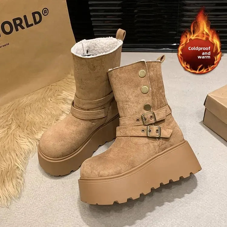 Women’s Winter Boots – Thick sole, ultra high heel, fleece-lined, mid-calf, round toe.