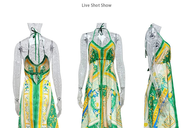 Women's Bohemian Floral Halter Dress – Long, V-Neck, Perfect for Summer, Beach Days, and Casual Outings.