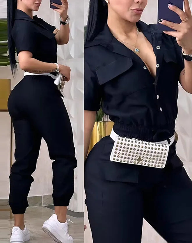 Elegant 2025 women’s jumpsuit – casual, solid color, short sleeve, high waist.