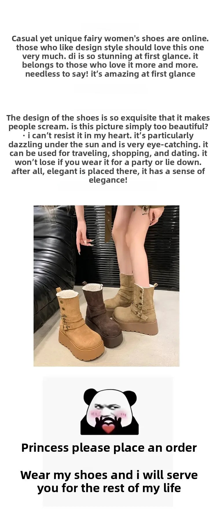 Women’s Winter Boots – Thick sole, ultra high heel, fleece-lined, mid-calf, round toe.