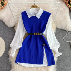 2024 Autumn Long Sleeve White Shirt Sweater Set Chic Age-Reducing Loose Fit Knit Vest Vest 2-Piece Set For Women