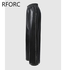 2023 Women Chic Pu Leather Elastic Waist Rivet Side Decoration Small Silt Straight Leg Pants