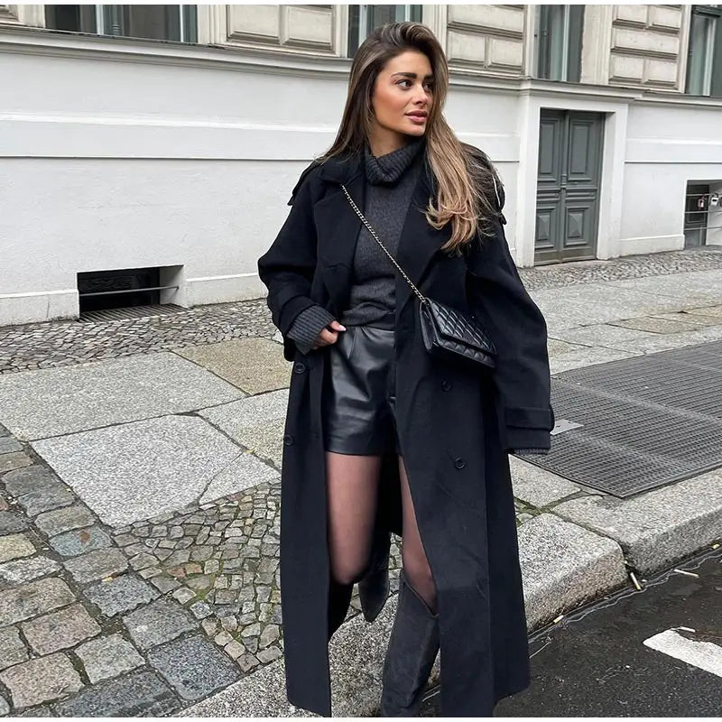 Fashion With Belt Black Woolen Long Coat For Women Oversize Loose Double Button Lapel Overcoat Autumn Lady High Street Outerwear