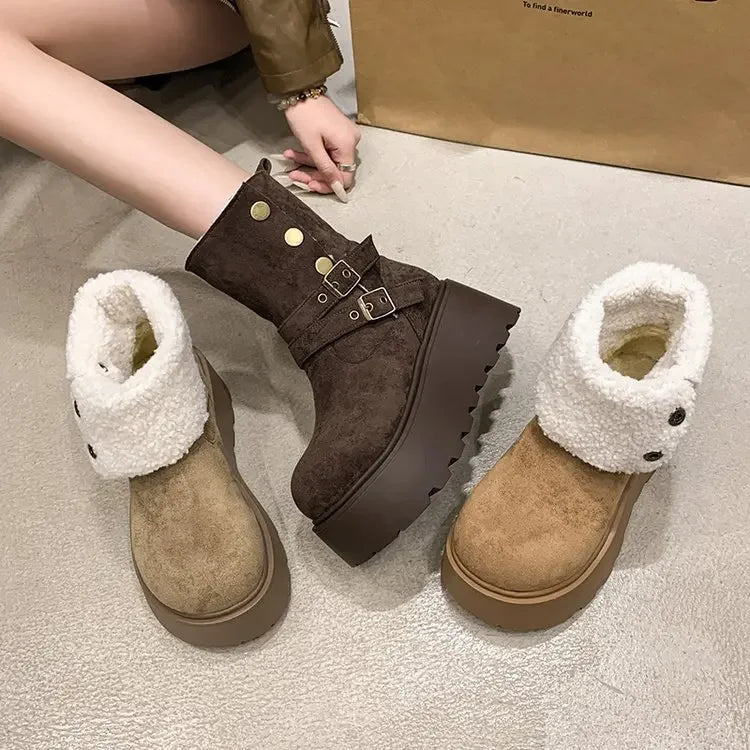 Women’s Winter Boots – Thick sole, ultra high heel, fleece-lined, mid-calf, round toe.