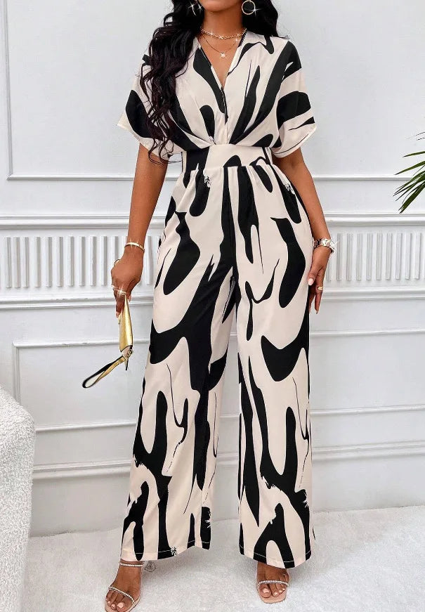 Spring Summer New Printed Short Sleeve For Women's Jumpsuit Fashion Waist Slim Simple Elegant Female Office Jumpsuit Pants