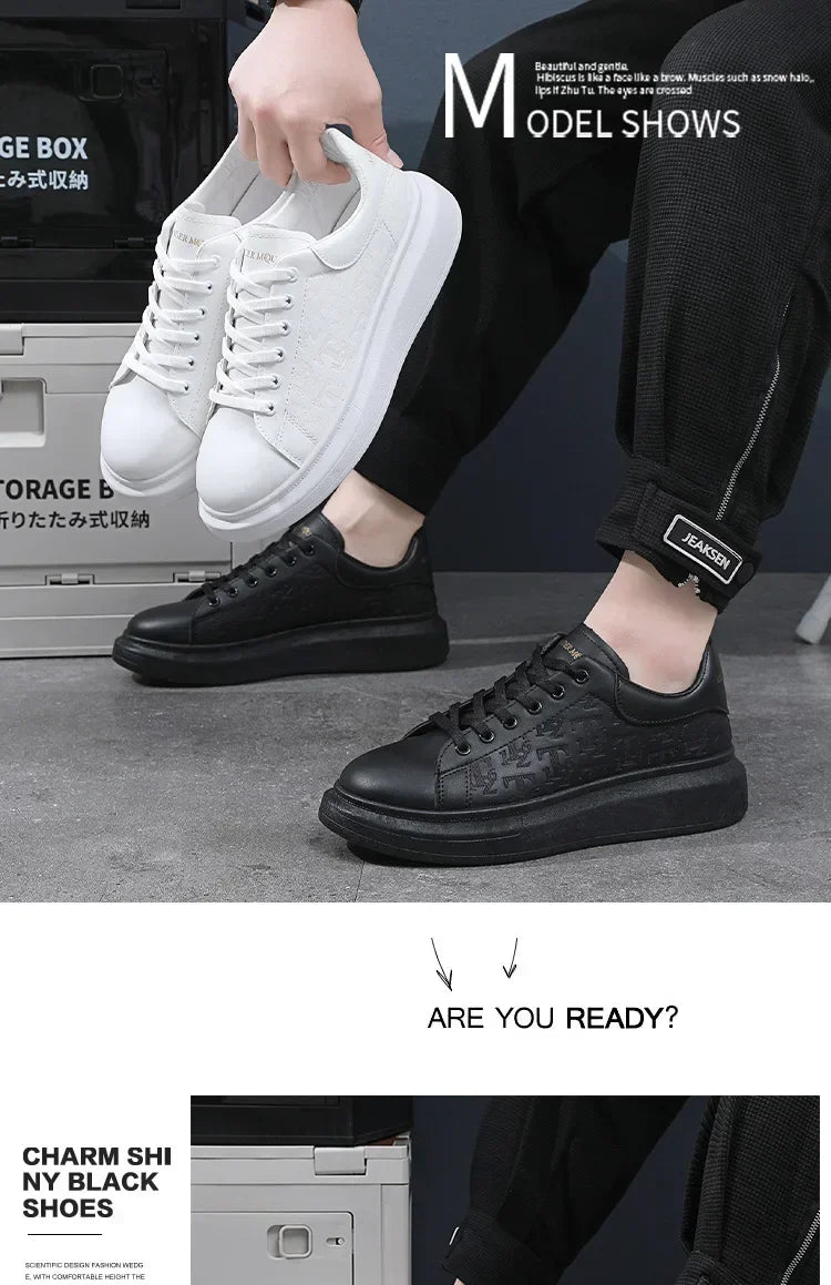 Casual Shoes Men 2024 New arrival Lace-up Thick Sole Casual Sneakers Versatile Leather Muffin Shoes Elevated Male Board Footwear