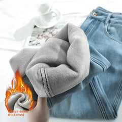 High-waisted Thickened Loose-fit Fleece-lined Straight-leg Jeans For Women Petite Size Warm Light-colored Long Trousers