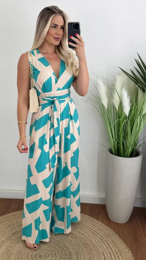 Women's fashionable and minimalist style women's deep V-waist tied jumpsuit -88209 sleeveless mid waist straight leg pants 2024