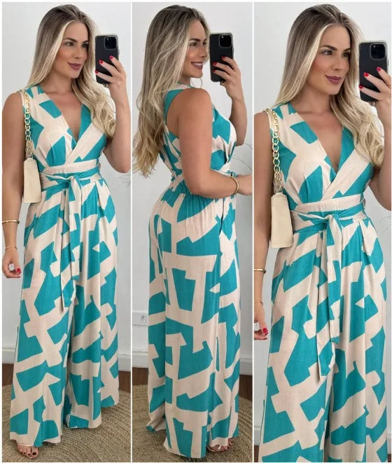 Women's fashionable and minimalist style women's deep V-waist tied jumpsuit -88209 sleeveless mid waist straight leg pants 2024