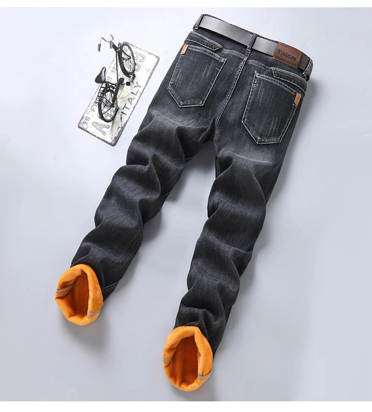 2024 Mens Winter Classic Business Quality Famous Brand Fleece Pants Straight Trousers Winter Thermal Warm Plush Stretch Jeans