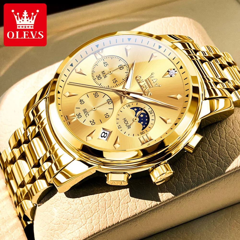 OLEVS 3639 Moon Phase Quartz Watch For Men Fashion Chronograph Luxury Wristwatch Waterproof Luminous Date Business Man Watches