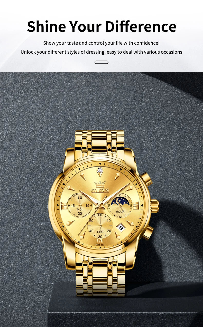 OLEVS 3639 Moon Phase Quartz Watch For Men Fashion Chronograph Luxury Wristwatch Waterproof Luminous Date Business Man Watches