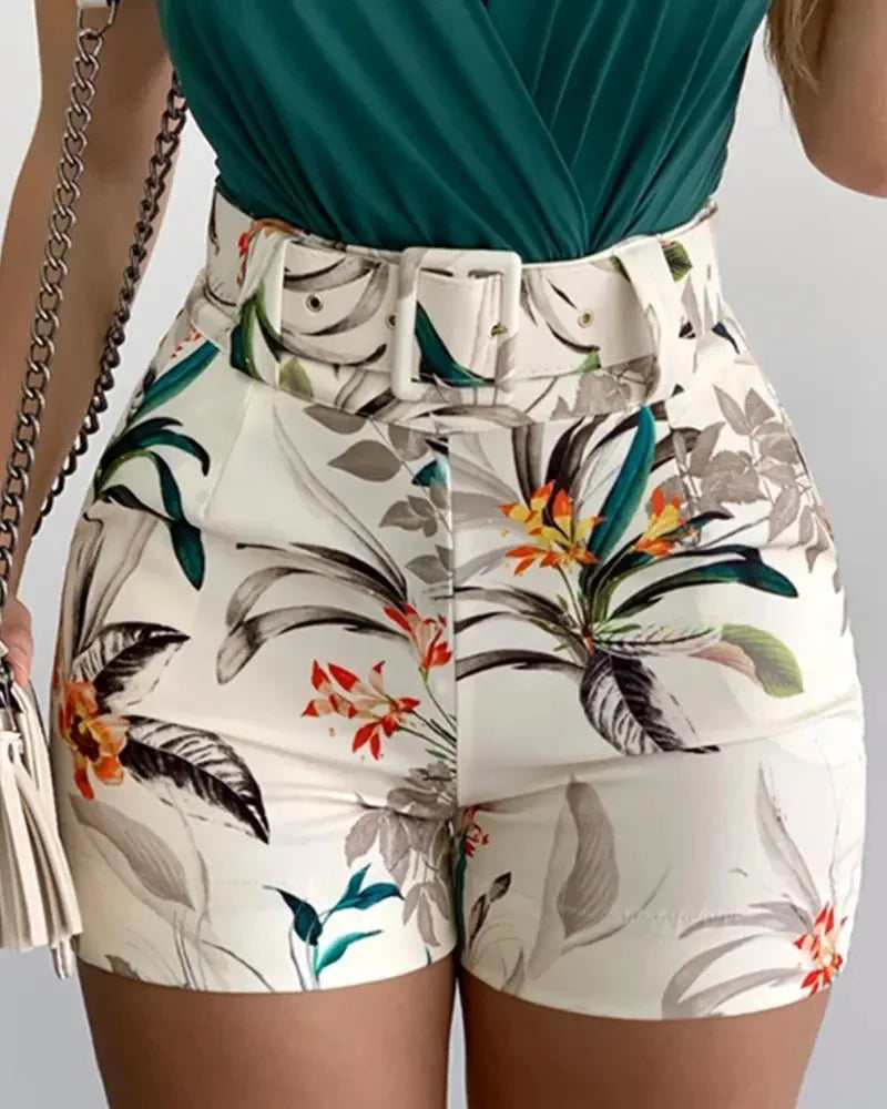 Summer Women's Print Two-piece 2024 Fashion Deep V-neck Belt Beach Style Holiday Style Casual Sexy Two-piece Set