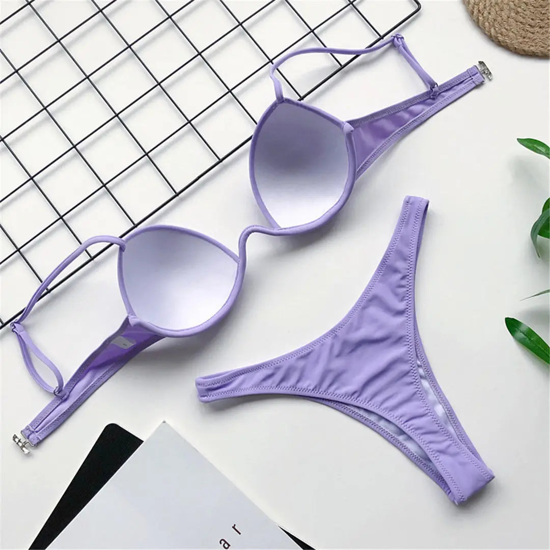 Sexy V-Bra Bikini — Underwired Push-Up, Hard Cup, Two-Piece Backless Set.