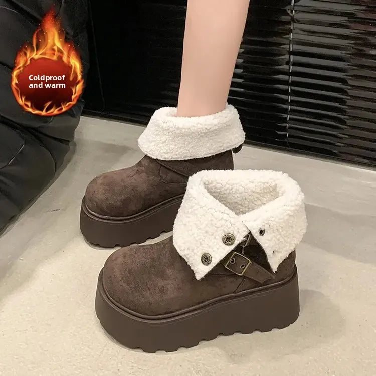 Women’s Winter Boots – Thick sole, ultra high heel, fleece-lined, mid-calf, round toe.