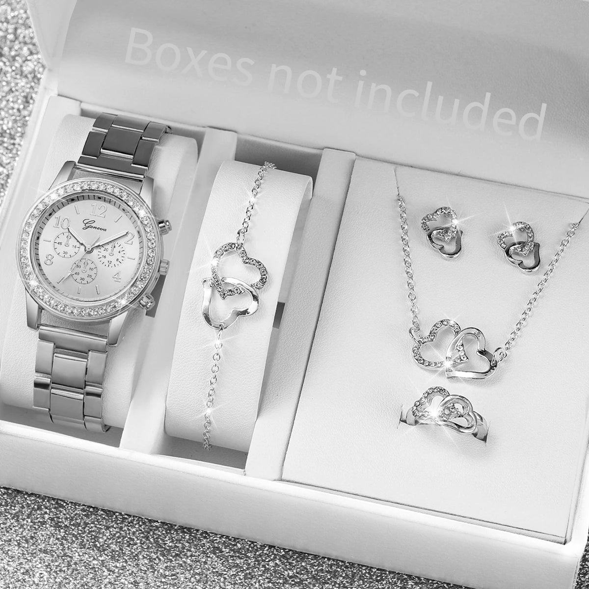 6PCS/Set Women's Watch Fashion Rhinestone Stainless Steel Band Quartz Watch Double Heart Jewelry Set(Without Box)