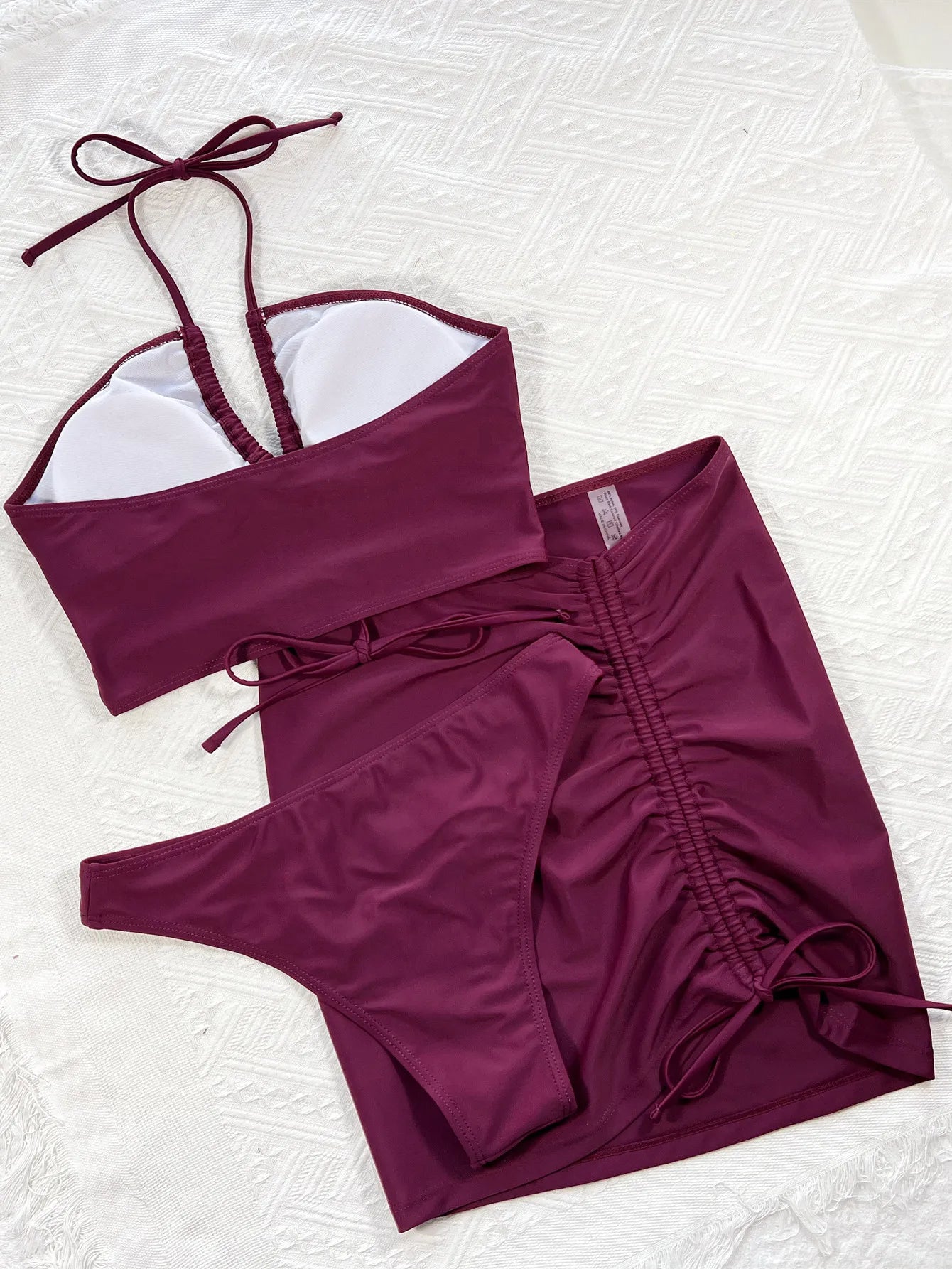 Three-Piece Swimsuit with Skirt — Wrinkled, Cut-Out Bikini Set.