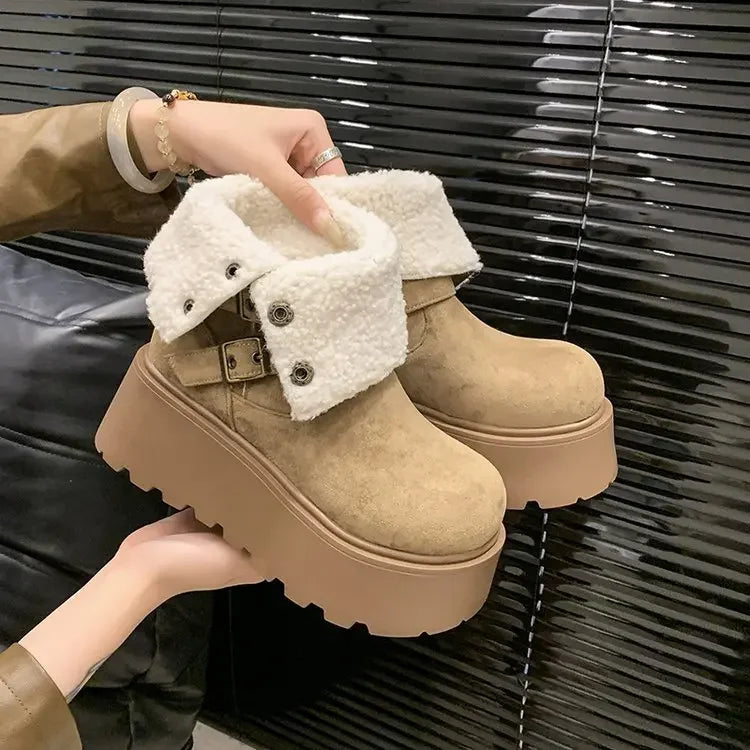 Women’s Winter Boots – Thick sole, ultra high heel, fleece-lined, mid-calf, round toe.