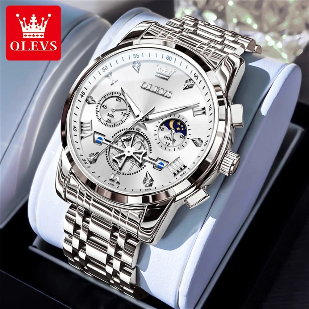 OLEVS 2856 Original Quartz Dress Watch For Men Moon Phase Stainless Steel Business Wristwatch Waterproof Luminous Man Watches