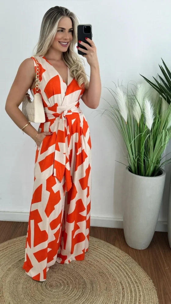 Women's fashionable and minimalist style women's deep V-waist tied jumpsuit -88209 sleeveless mid waist straight leg pants 2024