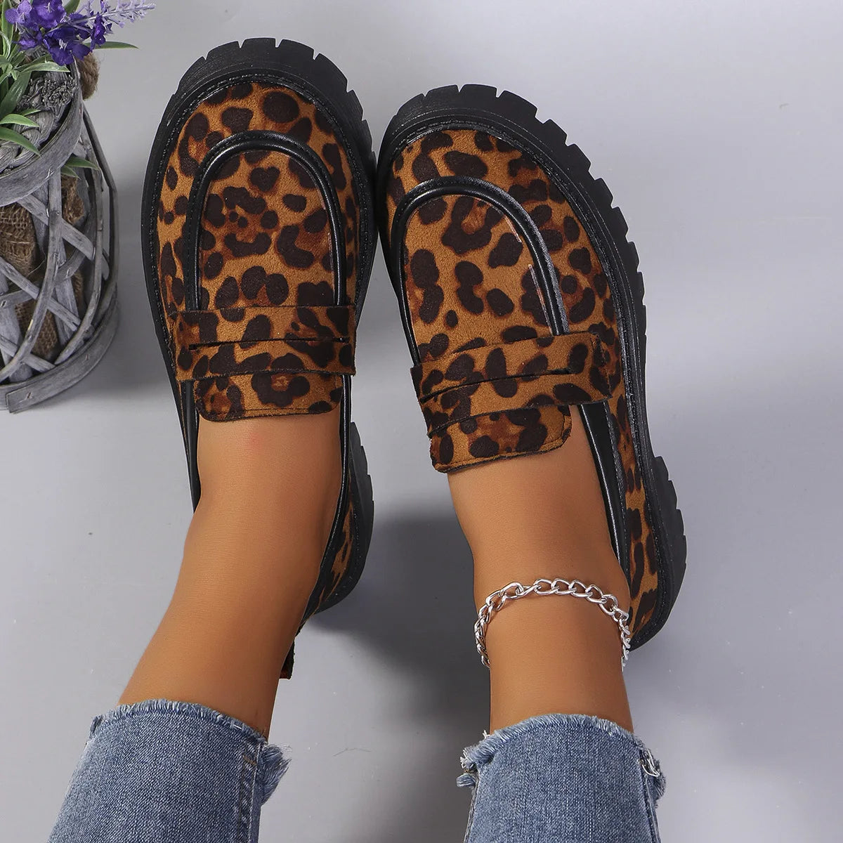 Women's Fashion Leopard Patchwork Slip-on Loafers Chunky Heel Platform Flats 2024 New Moccasins Casual Shoes Plus Size Zapatos