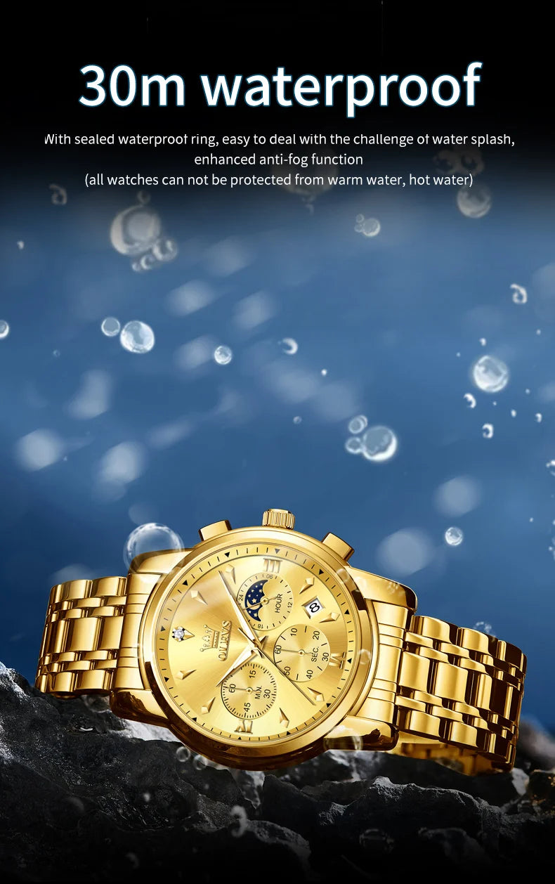 OLEVS 3639 Moon Phase Quartz Watch For Men Fashion Chronograph Luxury Wristwatch Waterproof Luminous Date Business Man Watches