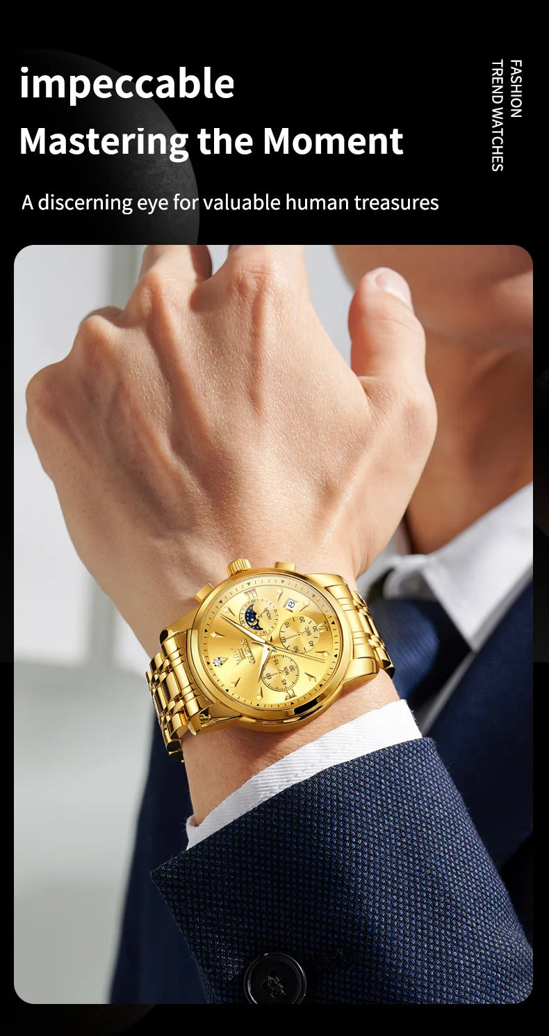 OLEVS 3639 Moon Phase Quartz Watch For Men Fashion Chronograph Luxury Wristwatch Waterproof Luminous Date Business Man Watches