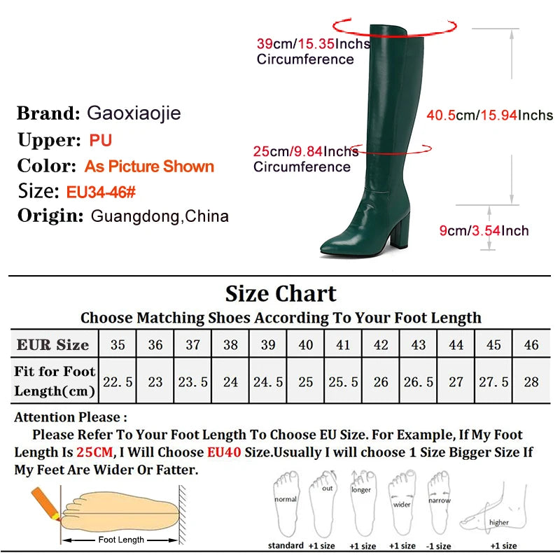 Sexy Women Knee High Boots Pointy Toe Chunky Heels 9CM Boot Large Size 44 45 46 With Zipper Winter Outdoors Leather Female Shoes