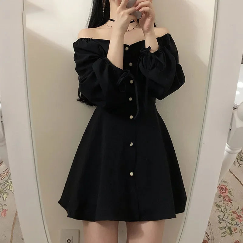 New Spring-autumn Plus-size Petite Dress Single-breasted Waist-fitted Slimming Black Dress For Plus-size Women