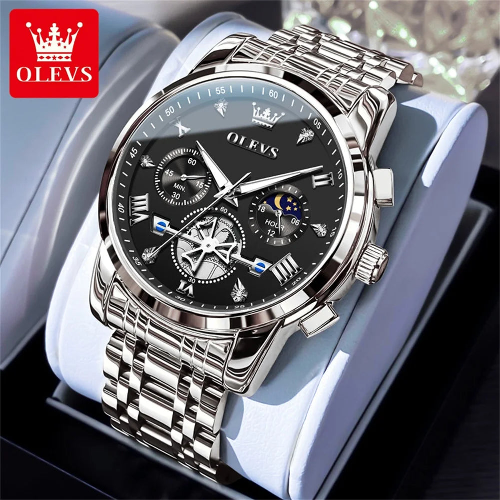 OLEVS 2856 Original Quartz Dress Watch For Men Moon Phase Stainless Steel Business Wristwatch Waterproof Luminous Man Watches