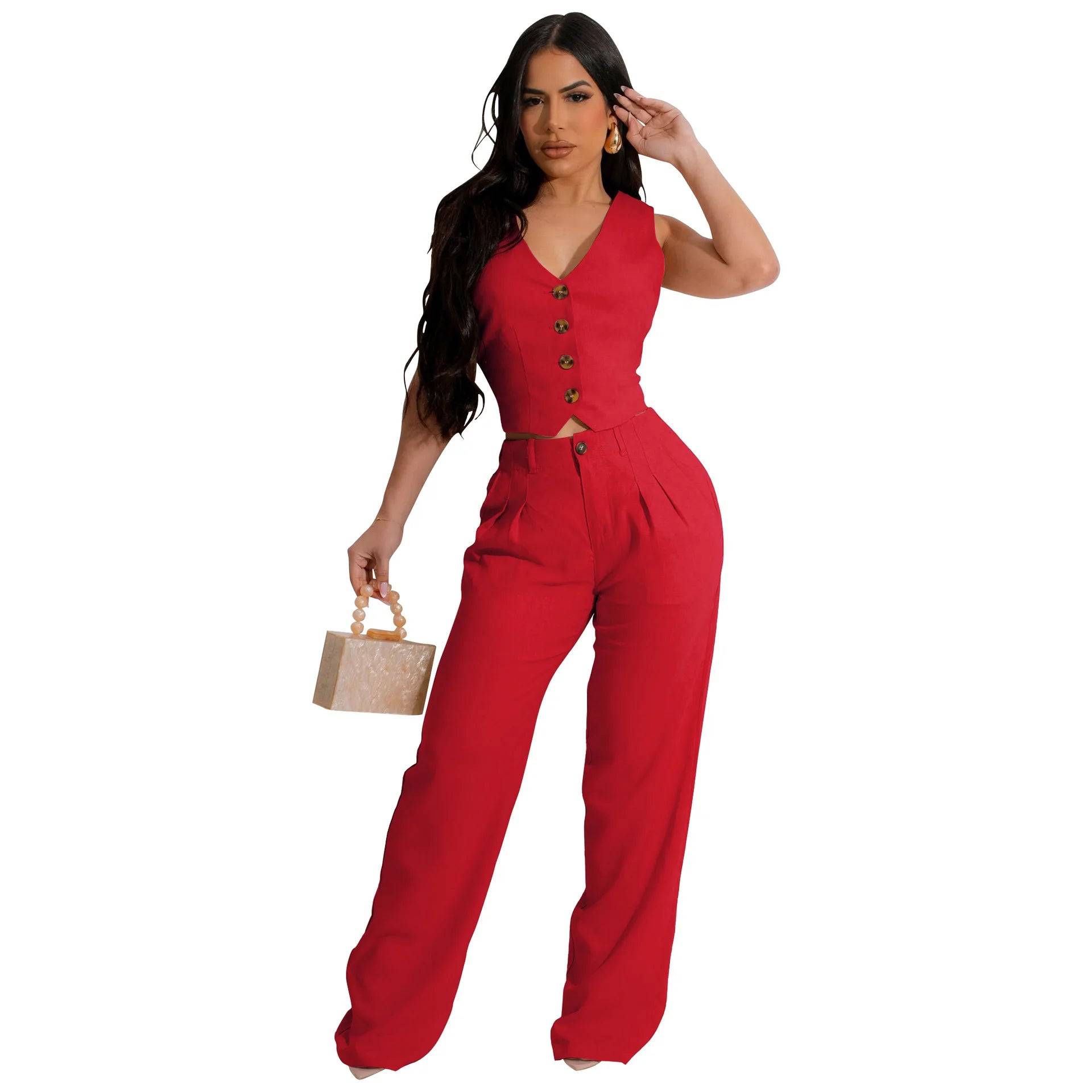 Fashion Sleeveless Vest Pants Women Solid Color Suit Spring Summer V Neck Ultra Short Top + Slim Pants Female Office 2 Piece Set