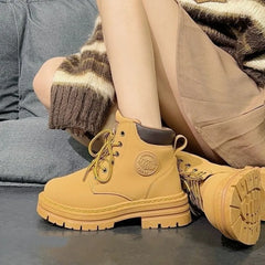 2024 Fashion Round Toe Women’s Platform Non-slip Leather Booties Lace-up Boots Outdoor Casual Women Boots Botas Mujer