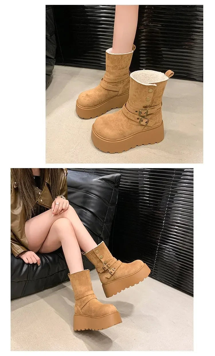 Women’s Winter Boots – Thick sole, ultra high heel, fleece-lined, mid-calf, round toe.