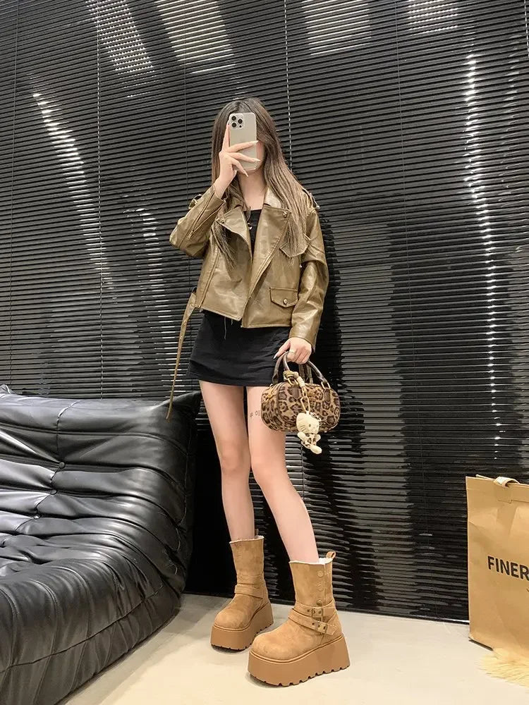 Women’s Winter Boots – Thick sole, ultra high heel, fleece-lined, mid-calf, round toe.