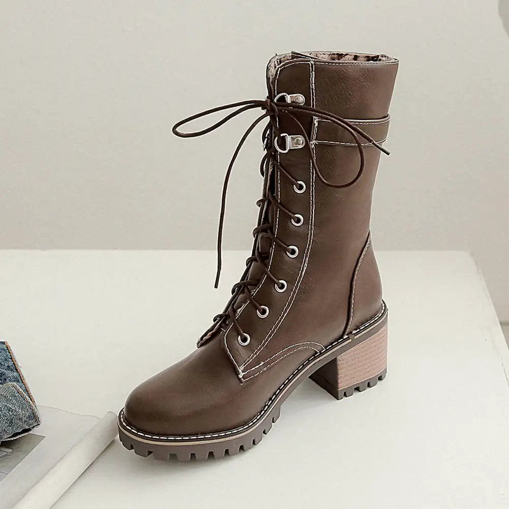 HUAJUANER 2023 Big Size 45 Autumn Winter Shoes High Quality Leather Boots Women Fashion non-slip Shoelaces Motorcycles Boots