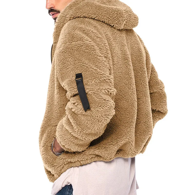 Men’s Fleece Jacket – Hooded, warm, loose fit, casual winter style.