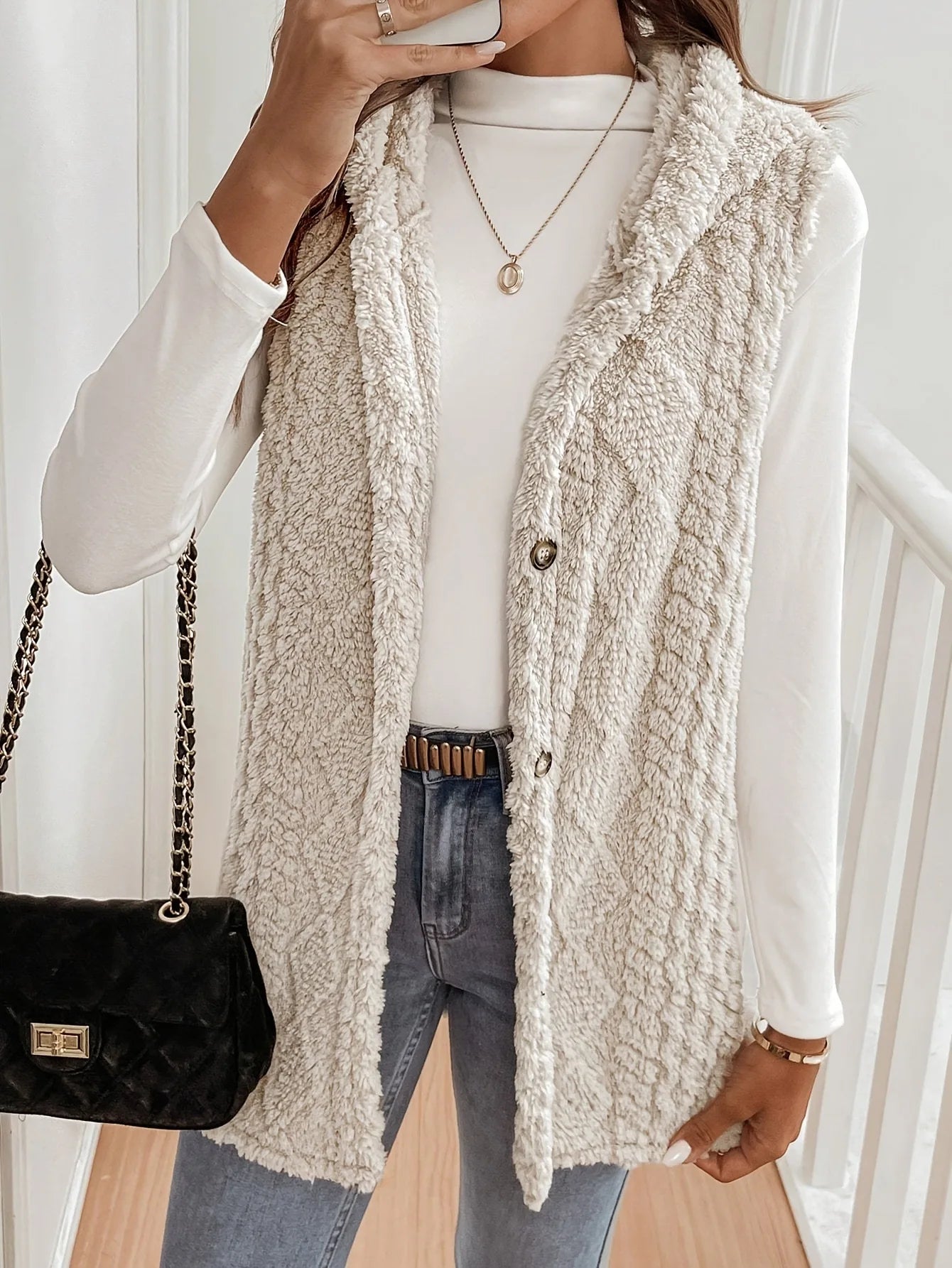 Apricot Hooded Plush Sleeveless Vest – Autumn & Winter
