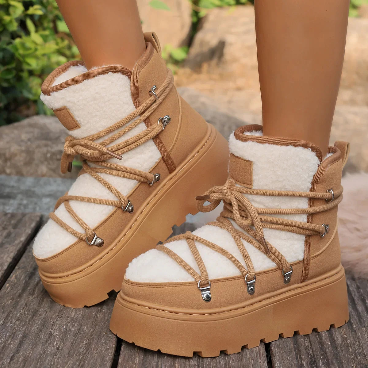 Women’s Winter Snow Boots – Warm, Fleece-Lined, Thick Sole, Cotton Material, Adjustable Ties, Non-Slip Rubber Outsole,