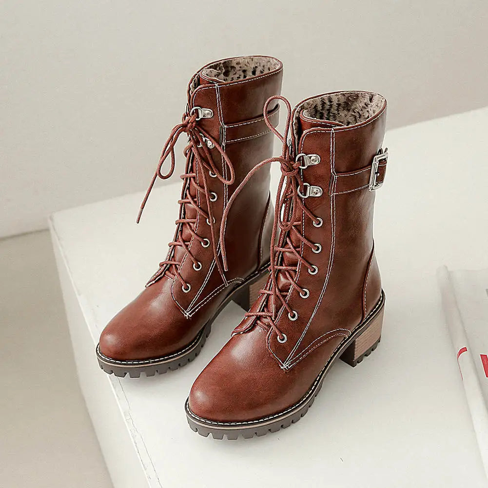 HUAJUANER 2023 Big Size 45 Autumn Winter Shoes High Quality Leather Boots Women Fashion non-slip Shoelaces Motorcycles Boots