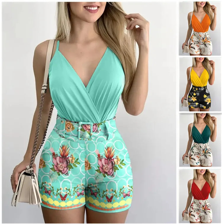 Summer Women's Print Two-piece 2024 Fashion Deep V-neck Belt Beach Style Holiday Style Casual Sexy Two-piece Set