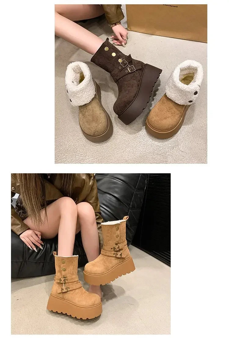 Women’s Winter Boots – Thick sole, ultra high heel, fleece-lined, mid-calf, round toe.