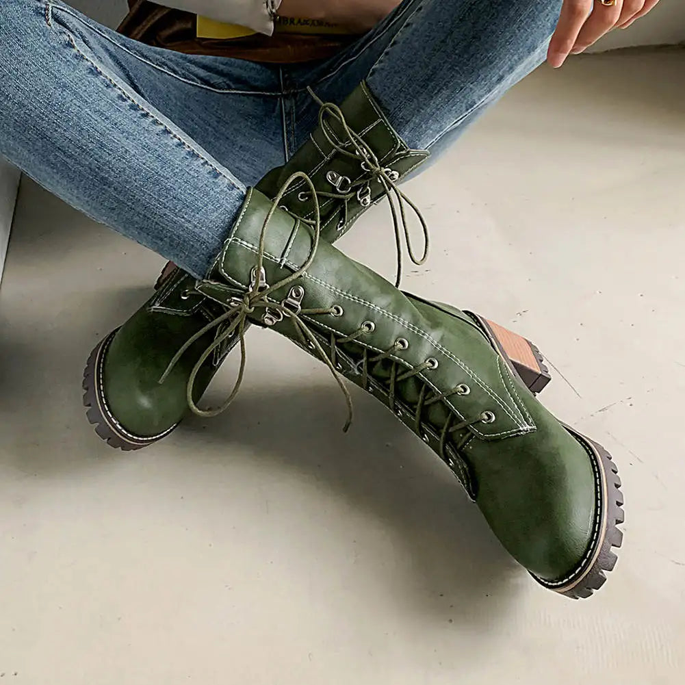 HUAJUANER 2023 Big Size 45 Autumn Winter Shoes High Quality Leather Boots Women Fashion non-slip Shoelaces Motorcycles Boots