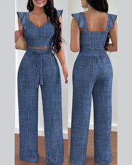 Tow Piceses Outfits for Women 2023 V-Neck Sleeveless Shirred Crop Top & Pocket Design Elegant Work Lady Wide Leg Pants Set