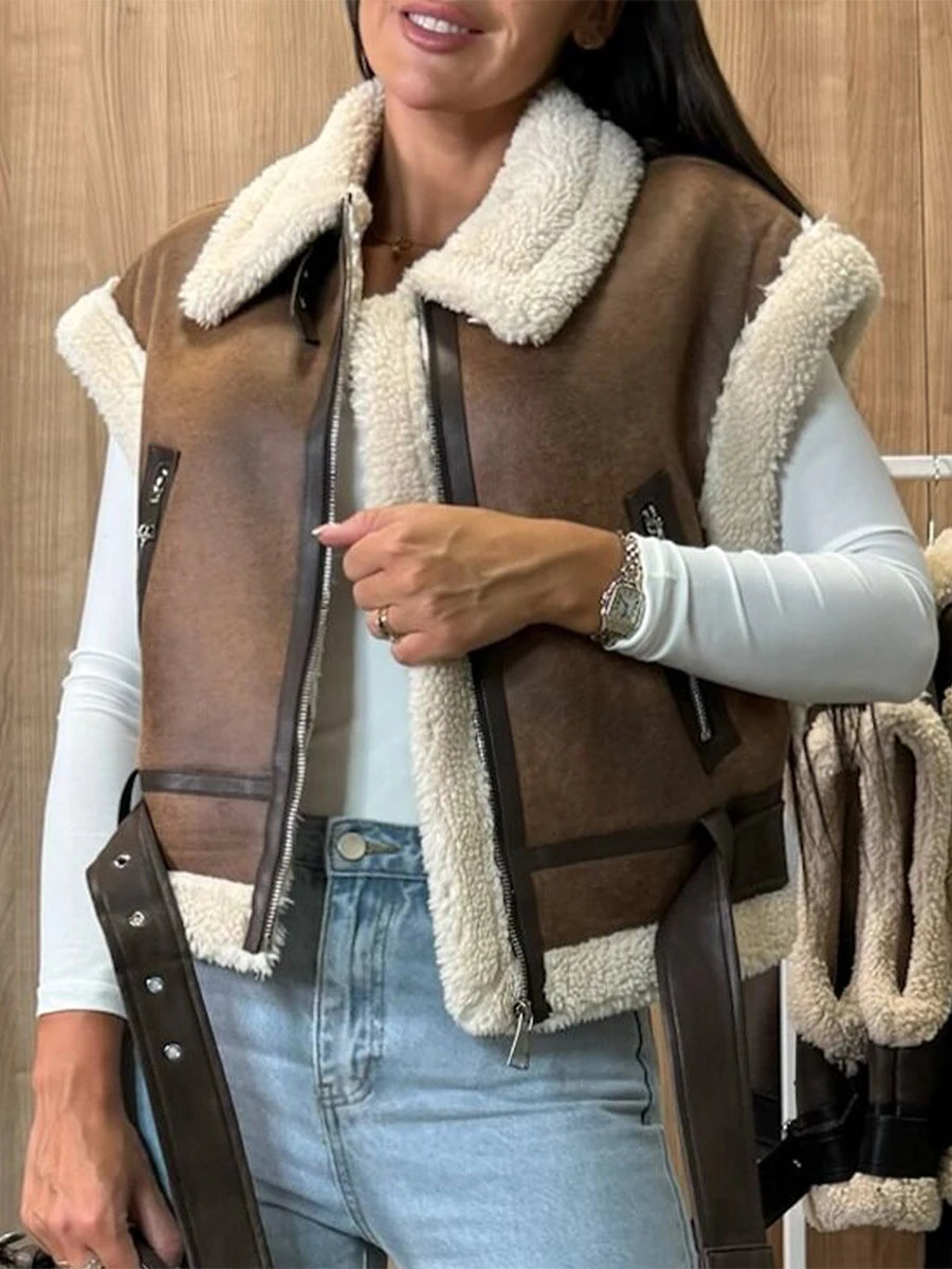 Women Leather Sherpa Vest Fur Collar Sleeveless Zipper Faux Suede Shearling Vest 2024 Biker Moto Jacket Winter Warm Outerwear