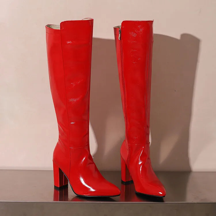 Sexy Women Knee High Boots Pointy Toe Chunky Heels 9CM Boot Large Size 44 45 46 With Zipper Winter Outdoors Leather Female Shoes