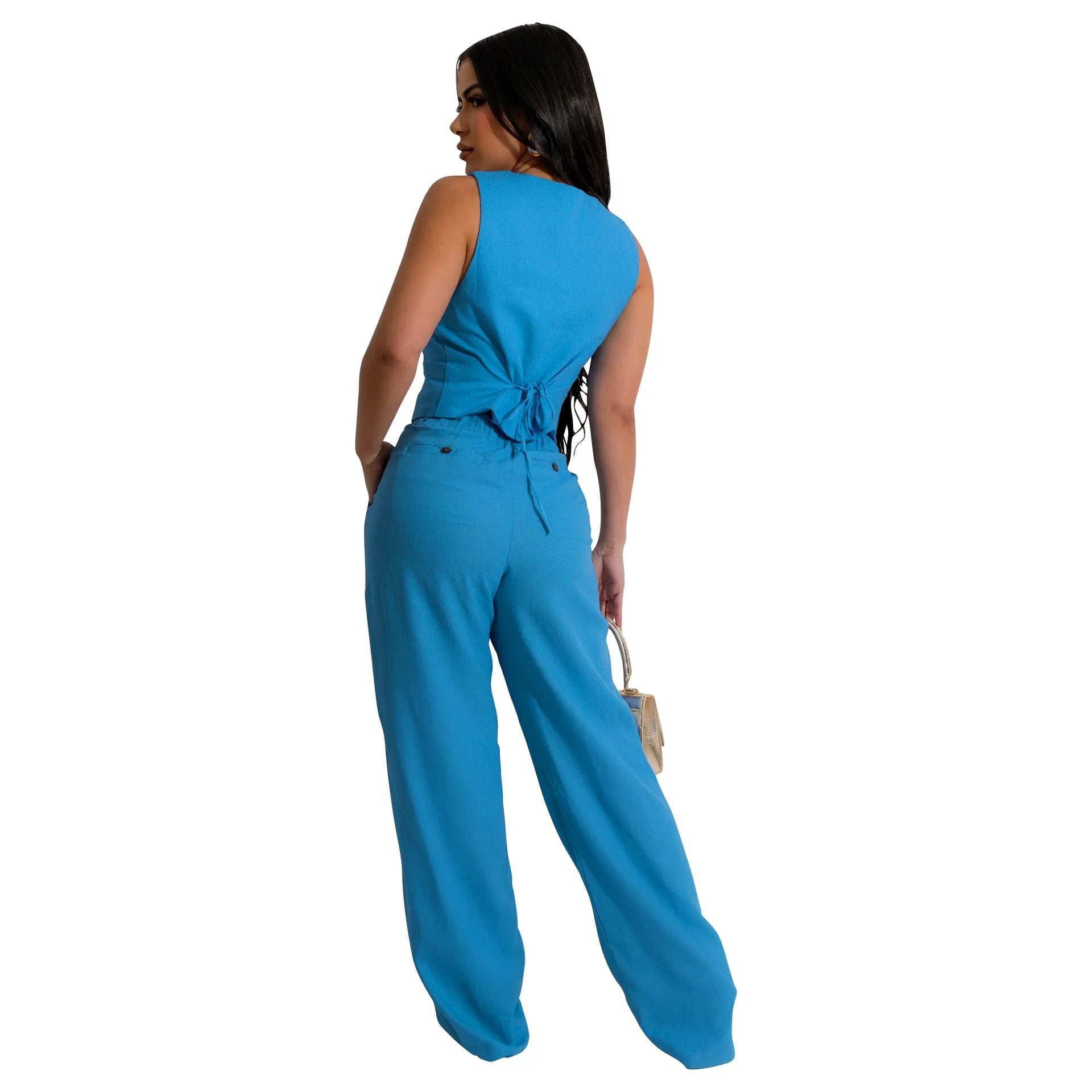 Fashion Sleeveless Vest Pants Women Solid Color Suit Spring Summer V Neck Ultra Short Top + Slim Pants Female Office 2 Piece Set