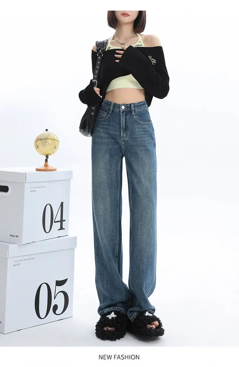 High-waisted Thickened Loose-fit Fleece-lined Straight-leg Jeans For Women Petite Size Warm Light-colored Long Trousers